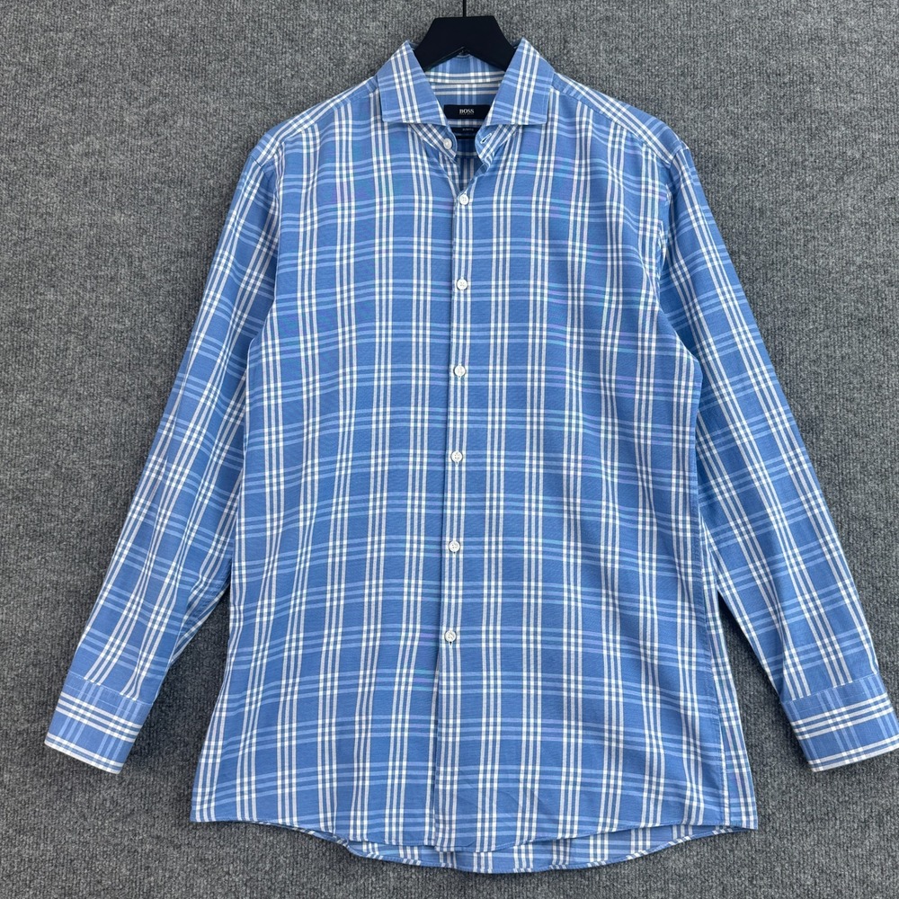 Boss Hugo Boss Dress Shirt Mens 16 32/33 Blue Plaid Slim Fit Casual Long Sleeve